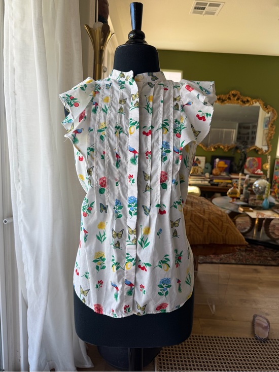 Ann Taylor Tops - Ann Taylor White Floral & Butterfly Flutter Ruffle-Sleeve Summer Fairy Blouse